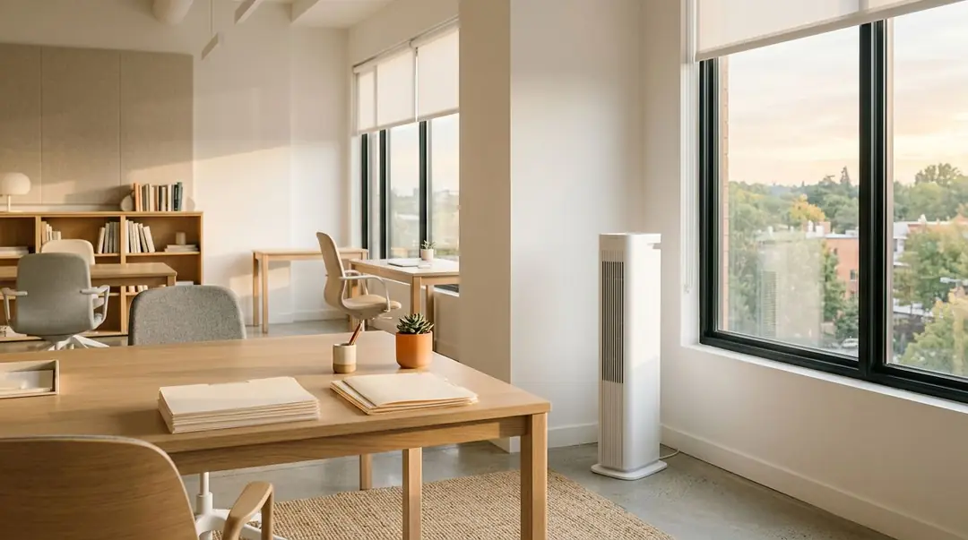 Bright office with an air purifier